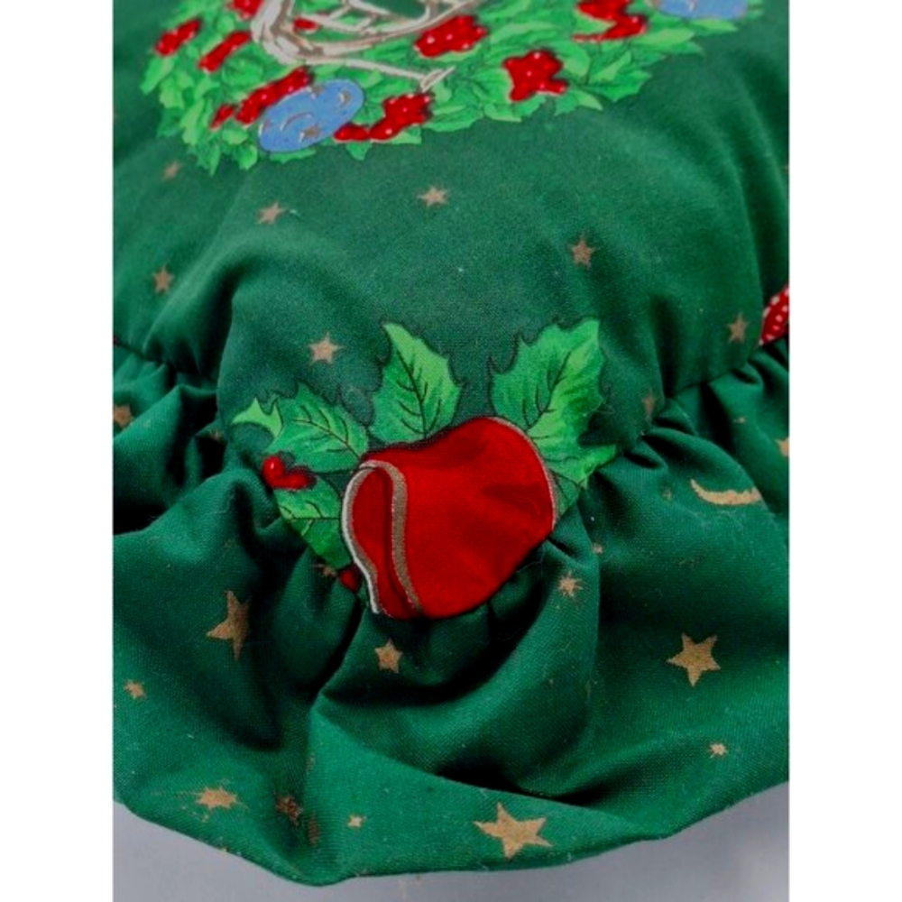 Vintage 90s 80s Y2k Decor Green Christmas Pillow W/ Holiday Prints & Ruffle Trim - Picture 7 of 7